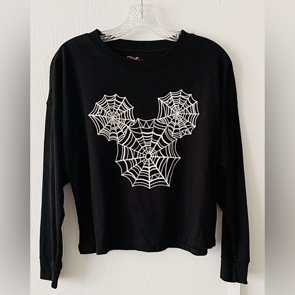Disney Mickey Mouse Spiderweb Halloween Long Sleeve Cropped Tshirt